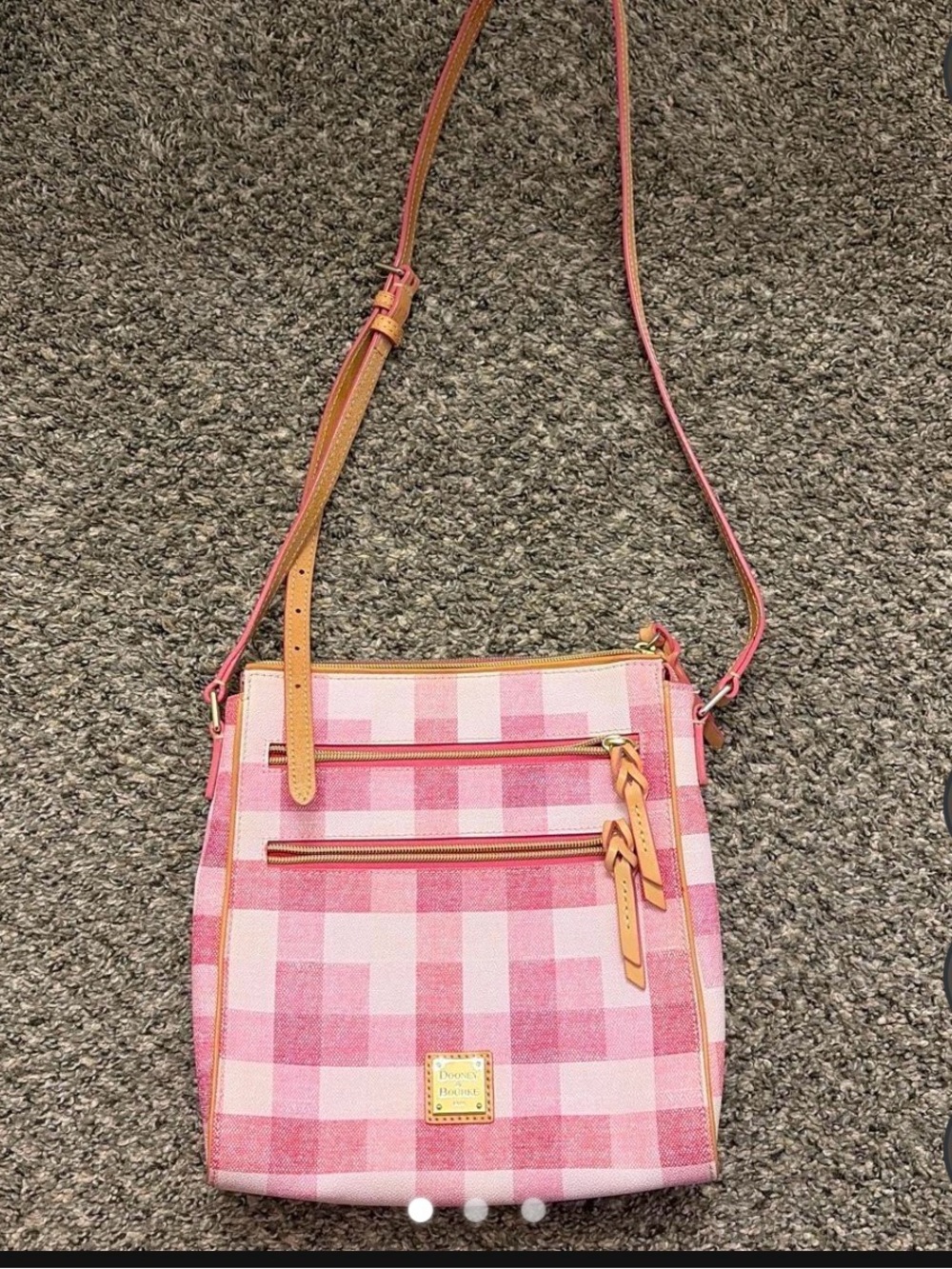 Dooney & Bourke Pink Gingham Crossbody with Tan Leather Strap